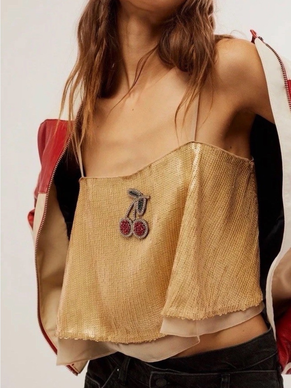 Free People NWOT Fruit Punch Sequin Beaded Cherry Appliqué Boho Boxy Crop Top